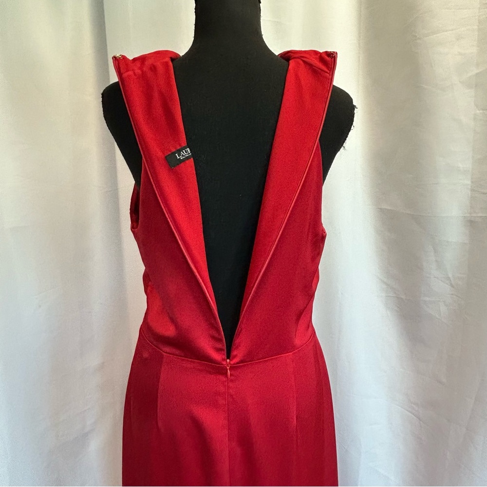 Lauren Ralph Lauren Red Sleeveless Pleated Satin Charmeuse Halter Maxi Gown 10 - Picture 9 of 17